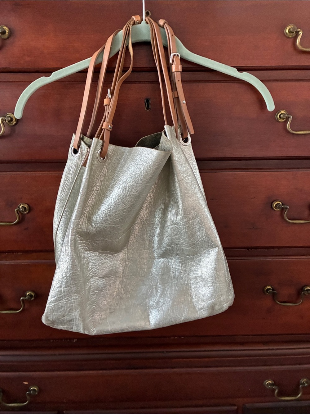 Roberta Gandolfi Silver Leather Tote with Tan Shoulder Straps